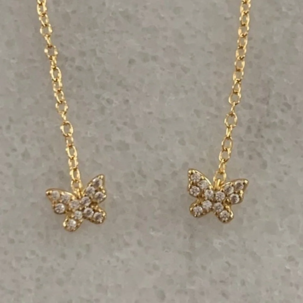 Gold Crystal Butterfly Threaded Earrings Brand New